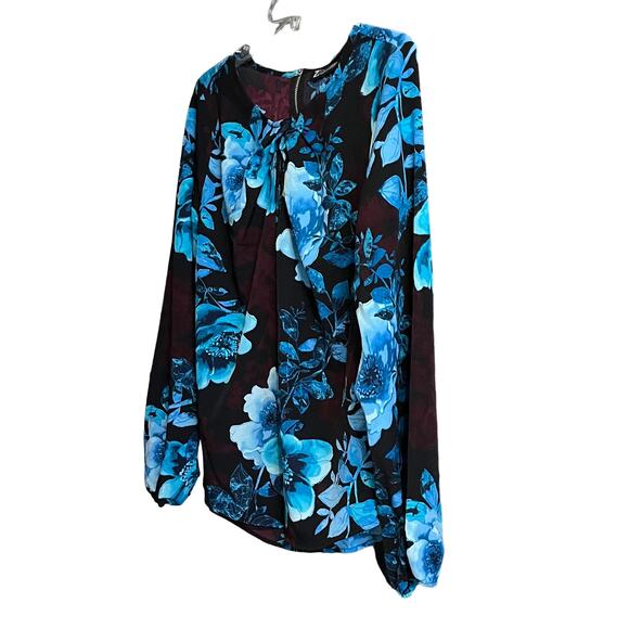 7TH AVENUE DESIGN STUDIO TUNIC BLOUSE, WOMENS, L, BLUE CRANBERRY BLACK FLORAL - Picture 2 of 11
